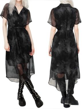Disturbia | Tempest Midi Shirt Dress Tie Waist Black Gray Tie Dye Size 2